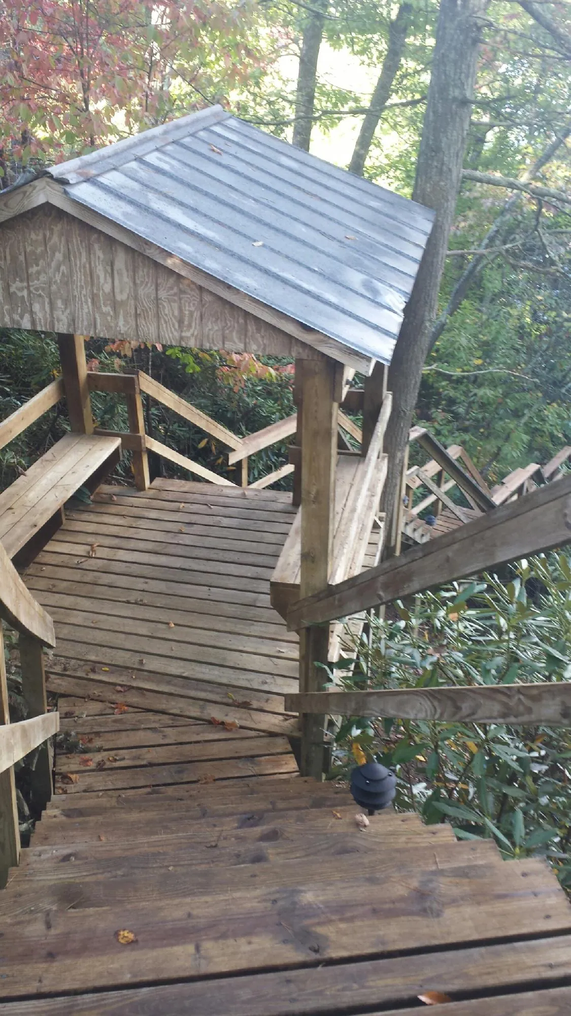 Metal roofed shelter over wooden steps on a wooded walkway — Skylight Repair & Installation work by our crew in Lacona